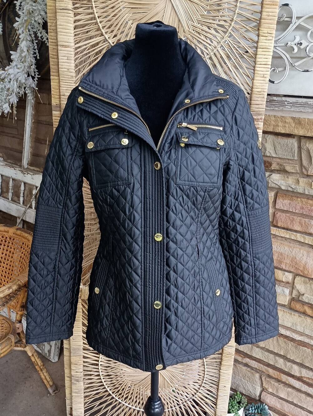 Michael Kors Black Quilted Puffer Jacket with Gold Hardware_M